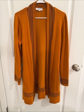 Worthington Orange Open-Front Long Cardigan with Black Stripe Trim